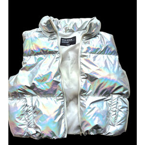 Women's Large Love Shack Puffer Vest Streetwear Silver Haligraphic Reflect EUC